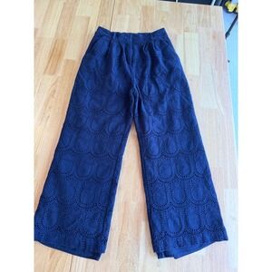 Farm Rio Navy Blue Pineapple Eyelet Lace Wide Leg Pants Womens Small High Waist